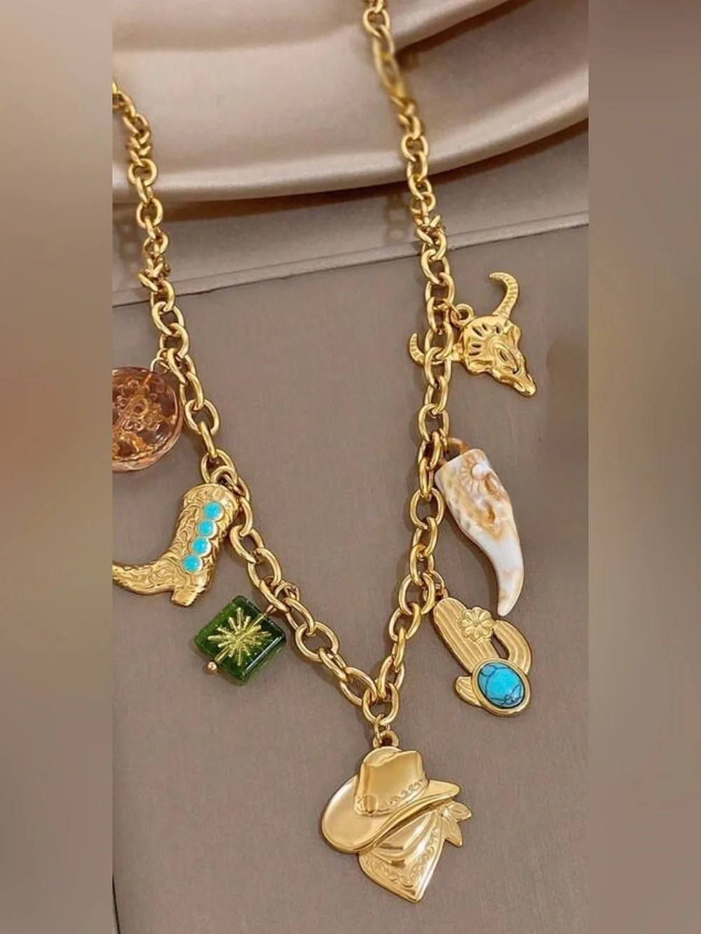 Gold Western Charm Necklace with Turquoise Accents